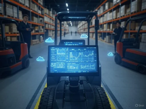 Autonomous robots and digital screens manage inventory in a warehouse.
