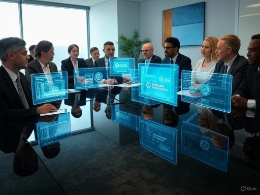 Businesspeople interact with holographic digital screens in a modern conference room.