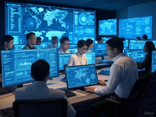 A command center with multiple monitors displaying global data, maps, and analytics in a high-tech environment.