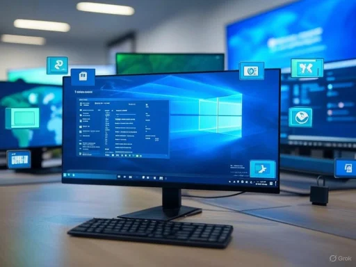 A computer monitor displays data and icons on a desk with multiple screens in a modern office setting.