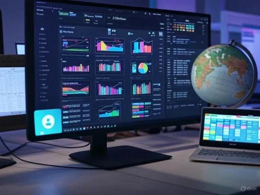 A workspace with data analytics dashboards, a globe, and a laptop, indicating global data analysis or business monitoring.