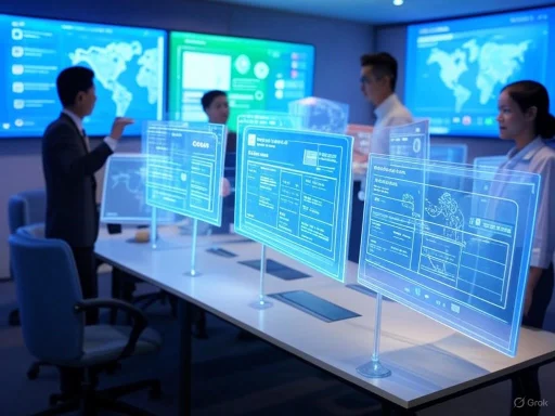 Team of professionals analyzing digital data and holographic screens in a high-tech control room.
