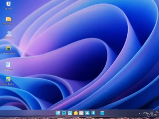 A computer desktop with a abstract blue and purple swirl wallpaper and several icons on the left side.