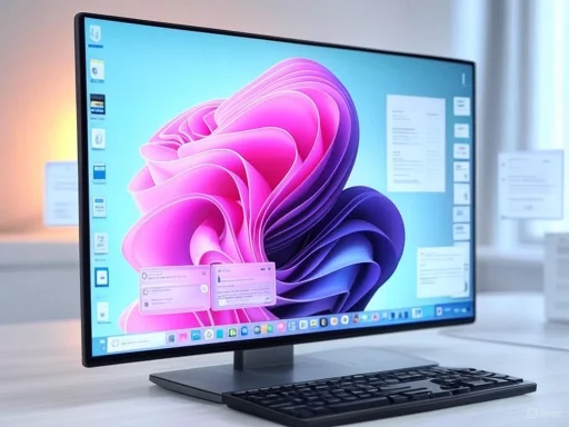 A sleek computer monitor displaying a colorful, abstract digital wallpaper with various open apps and widgets.