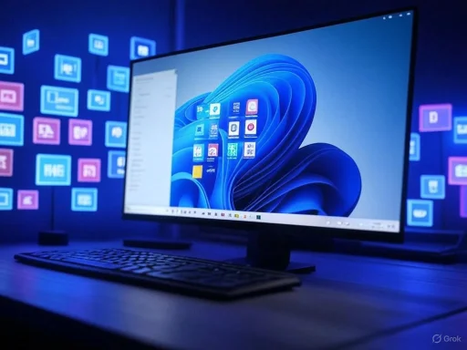 A modern desktop setup featuring a computer monitor displaying Windows 11, with a keyboard and colorful app icons on a dark desk.