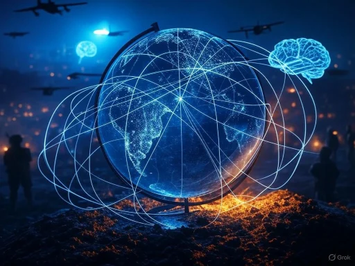 A digital globe with interconnected light lines and brain icons, symbolizing global communication and artificial intelligence.