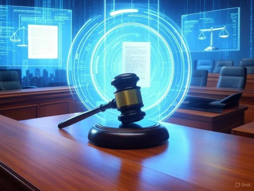 A judge's gavel is placed on a wooden courtroom desk, with holographic legal scales and documents in the background.