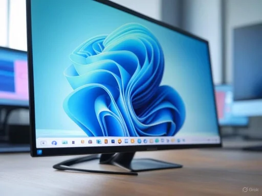 A modern computer monitor displaying a colorful abstract blue swirl design on a desk.