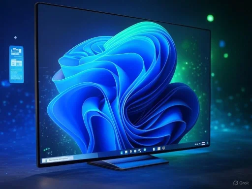 A sleek, modern computer monitor displaying a vibrant blue abstract digital art against a dark background.