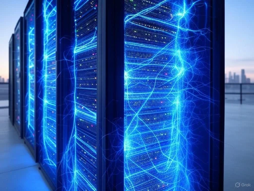 Server racks emitting blue electrical signals in a data center during dusk.