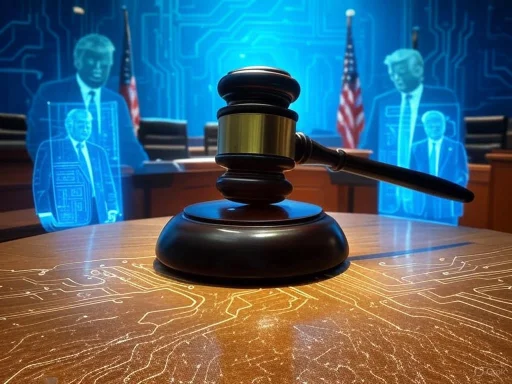 A judge's gavel on a wooden table with holographic digital figures of politicians in a courtroom setting. A judge's gavel on a wooden table with holographic digital figures of politicians in a courtroom setting.