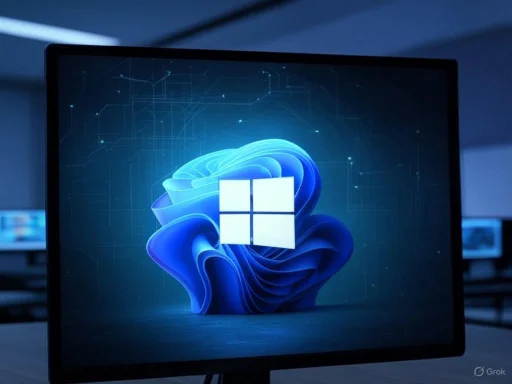 A computer monitor displays the Windows 11 logo with a futuristic digital background. A computer monitor displays the Windows 11 logo with a futuristic digital background.