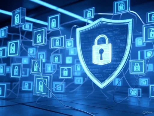 Digital security concept with interconnected padlock icons and a shield representing cybersecurity protection.