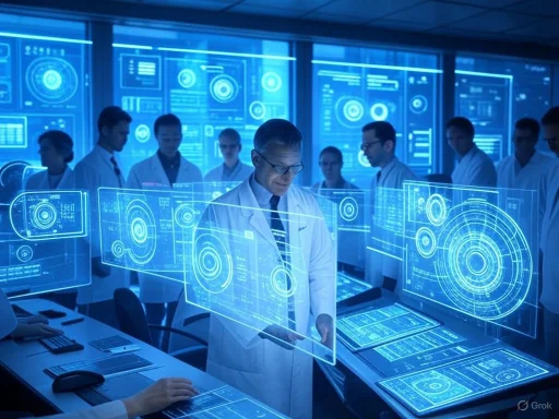 Scientists in a high-tech laboratory analyze data displayed on holographic screens.