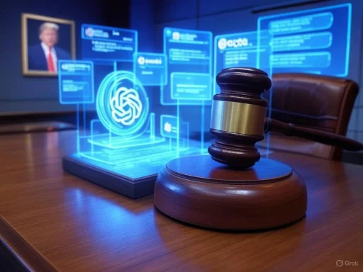 A judge's gavel in front of a holographic courtroom display with legal data, a portrait, and digital information projections.