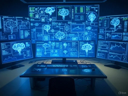 Multiple digital screens display brain diagrams and data analysis in a high-tech neuroscience research lab.