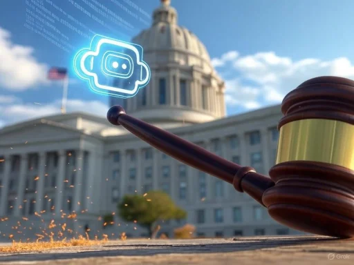 A judge's gavel near a government building with a digital chatbot icon, symbolizing legal and AI technology integration. A judge's gavel near a government building with a digital chatbot icon, symbolizing legal and AI technology integration.