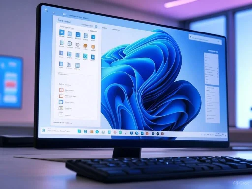 A computer monitor displays the Windows 11 desktop with various icons and a colorful, abstract blue wallpaper.