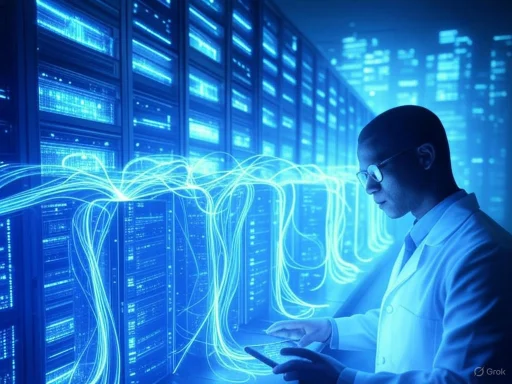A scientist in a lab coat monitors data flows from servers on a tablet in a high-tech data center.