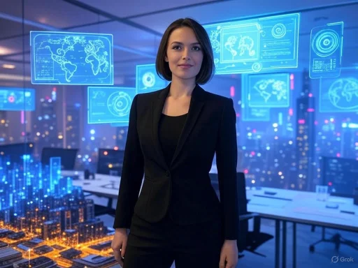 A woman in a black suit standing confidently in a high-tech conference room with holographic displays of maps and data.