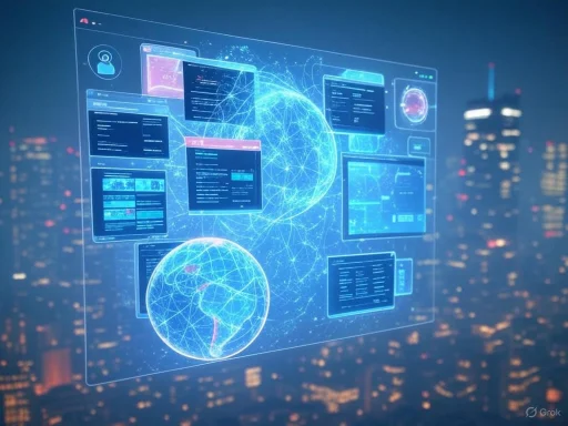Futuristic digital interface displaying interconnected data on a global network over a city skyline at night.