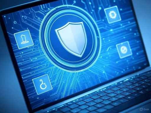 A digital shield icon surrounded by various tech-related symbols on a blue circuit board background, representing cybersecurity.