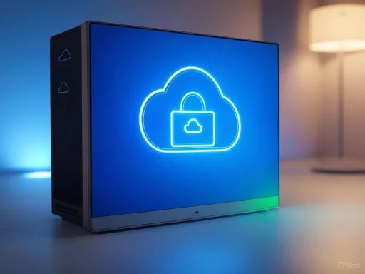 A computer monitor displays a neon cloud with a lock symbol, representing cloud security or protection.