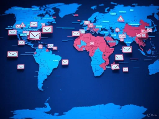 World map with email icons indicating global communication or connection points.