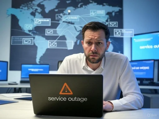 A man looks confused at a laptop with a 'service outage' warning, in a room with world maps and multiple screens.