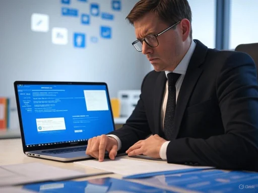 Man in a suit looks confused while working on a laptop in an office.