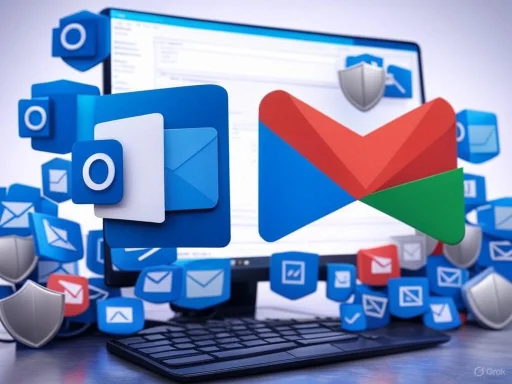 Illustration of digital security and email management with email icons, shield symbols, and a computer screen.