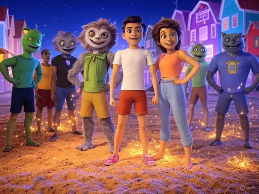 A group of animated children and fantastical creatures stand confidently on a vibrant street decorated with sparklers at night.