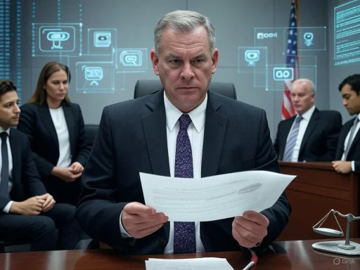 A serious man in a suit reads a document during a formal meeting or hearing in a well-lit conference room.