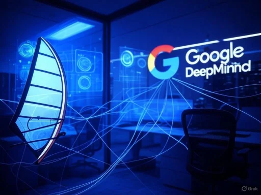 A digital-themed office displays the Google DeepMind logo on a glass wall, with futuristic holographic interfaces and lines. A digital-themed office displays the Google DeepMind logo on a glass wall, with futuristic holographic interfaces and lines.