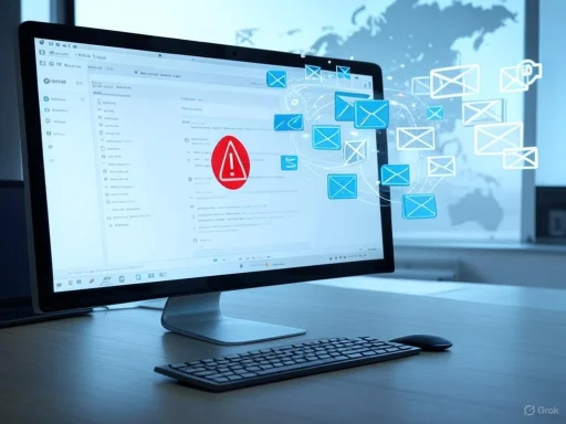 A computer screen showing an email alert with multiple email icons and a warning symbol, indicating a potential email security issue.