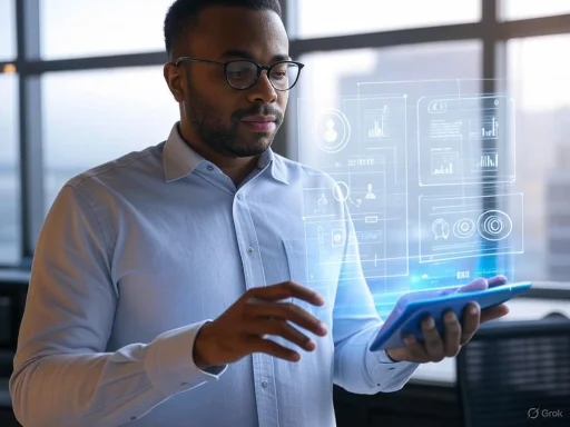 A man in glasses interacts with a tablet displaying futuristic digital data visualizations. A man in glasses interacts with a tablet displaying futuristic digital data visualizations.