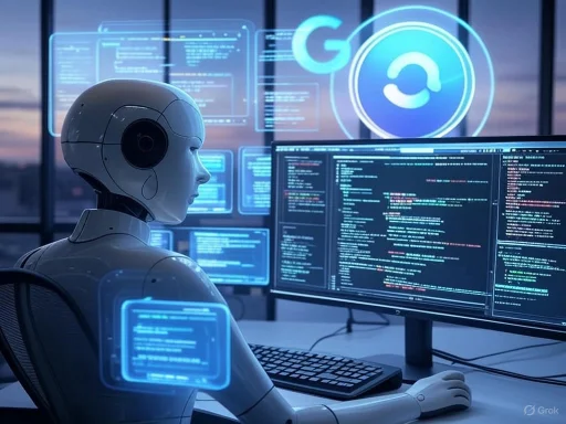 A robot analyzes complex code on multiple transparent digital screens in a futuristic setting.