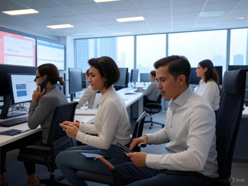 Office workers focused on computer and mobile devices in a modern, collaborative workspace.