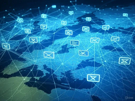A digital map of Europe with interconnected email icons symbolizing network communication. A digital map of Europe with interconnected email icons symbolizing network communication.