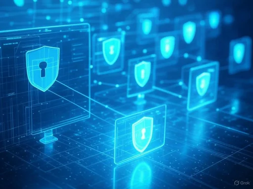 Digital network security concept with shield icons protecting data connections.