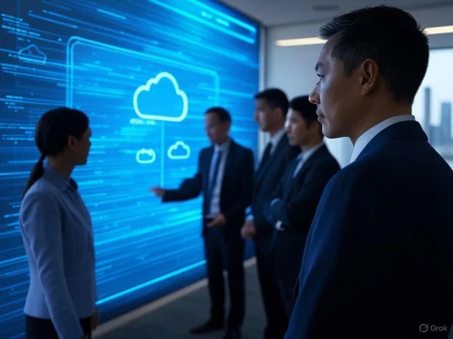 Business professionals in suits discuss cloud computing in a high-tech conference room. Business professionals in suits discuss cloud computing in a high-tech conference room.
