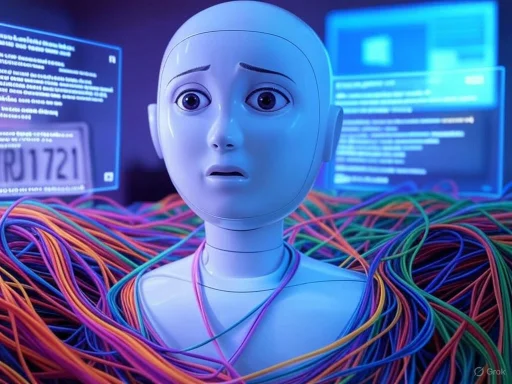 An anxious robot surrounded by colorful cables and glowing digital screens.