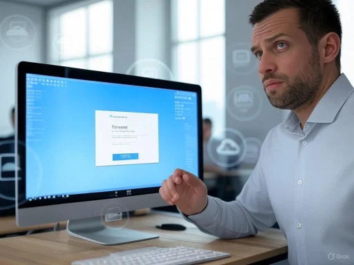 Man in office looking concerned at a computer screen displaying a ransomware warning.