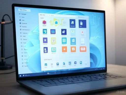 Laptop displaying a system interface with various app icons and a tech-themed background.