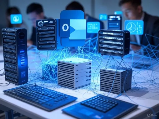 Futuristic data servers interconnected with blue digital networks and Outlook icons.