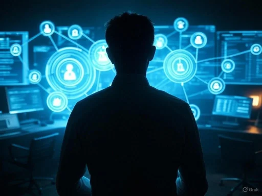 A person analyzes interconnected digital data on multiple futuristic computer screens.