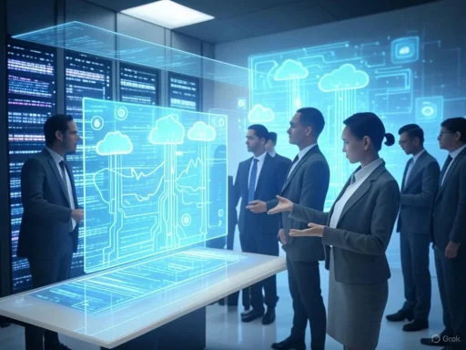 Business professionals discuss cloud computing data visualized on holographic screens in a server room.