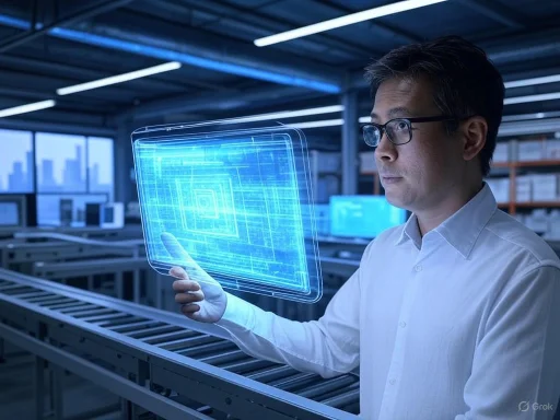 A man in a white shirt interacts with a holographic digital interface in a modern factory.