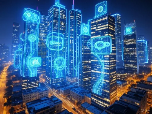 Futuristic cityscape with skyscrapers outlined in glowing blue digital circuitry. Futuristic cityscape with skyscrapers outlined in glowing blue digital circuitry.