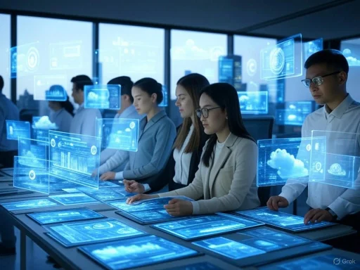 A team analyzes futuristic transparent digital data displays in a high-tech office.
